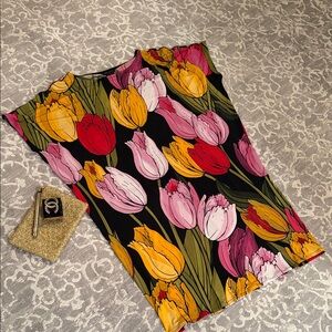 eva varro Black Tulip-Print dresse- Pink, Yellow, Green, Black & Red